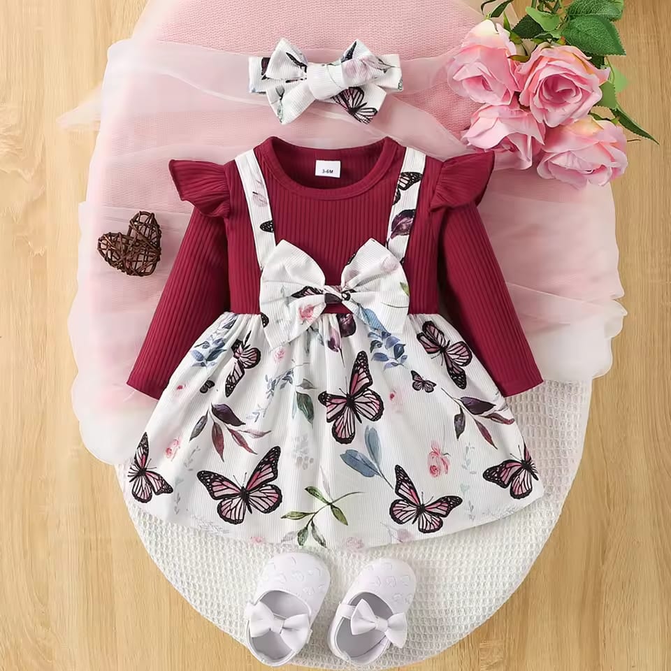 0-24M Infant Baby Girls Dress Butterfly Rib Knit Long Sleeve Skirt Newborn Clothes Baby Princess Party Dresses with Headbands