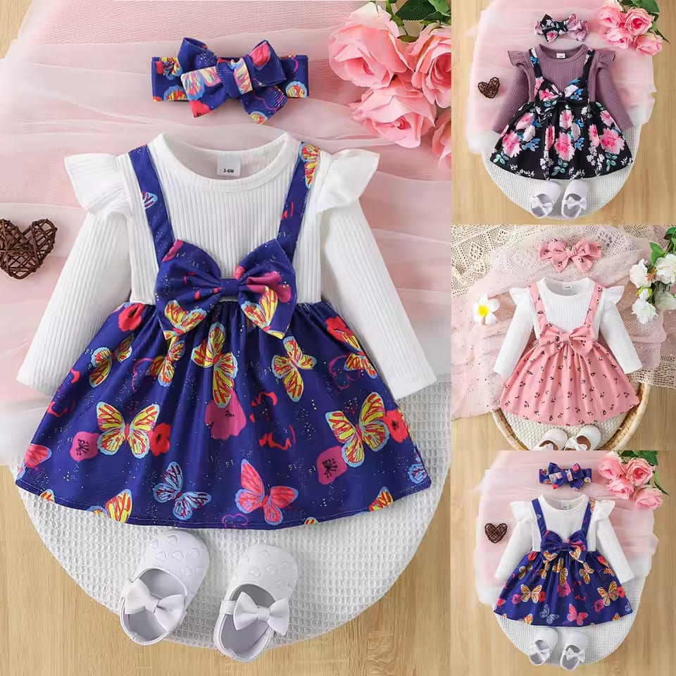 6M 9M 12M 24M Newborn Baby Girls Dress Butterfly Floral Prints Patchwork Long Sleeve Dress New Year Clothes Cute Dress for Girls