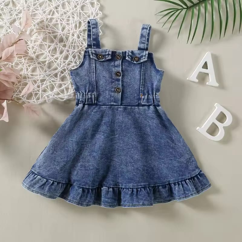 Lioraitiin Baby Girl Off Shoulder Ruffle Denim Dress with Sleeveless Button Down - Cute Summer Outfit for Toddlers